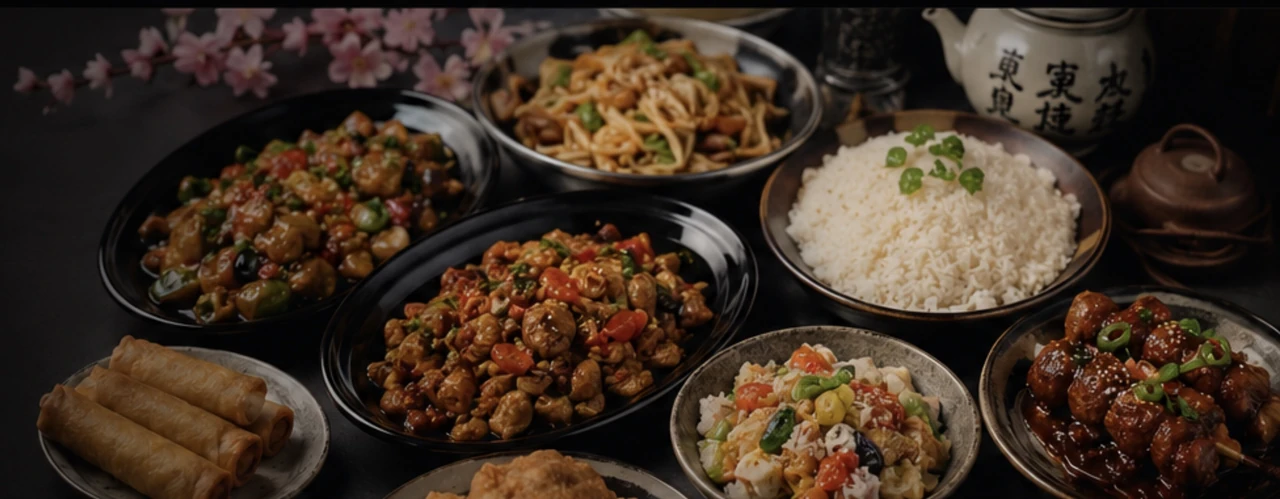 Kinesiske retter med vårruller, wok og ris fra Sakura Kina